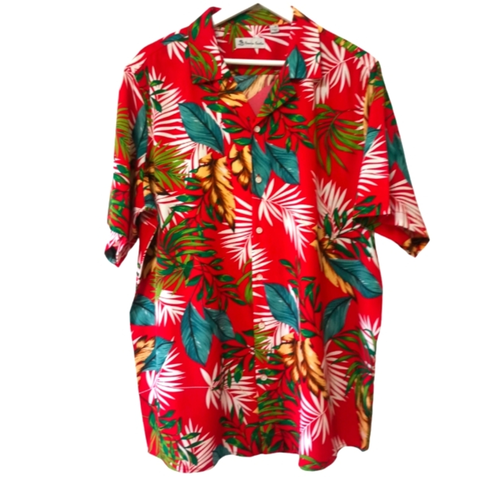 Hawaiian Vacation Red Tropical Leaves Printed Button Down Shirt